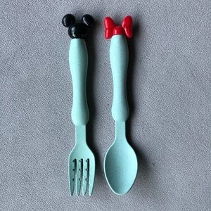 Set of 2 Utensils ~ Spoon & Fork ~ Minnie Mickey ~ Green ~ Brand New!